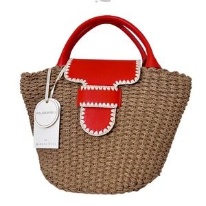 NWT Gianni‎ Bini Straw Tote Bag Red Orange Leather Trim Woven Beach Purse Boho